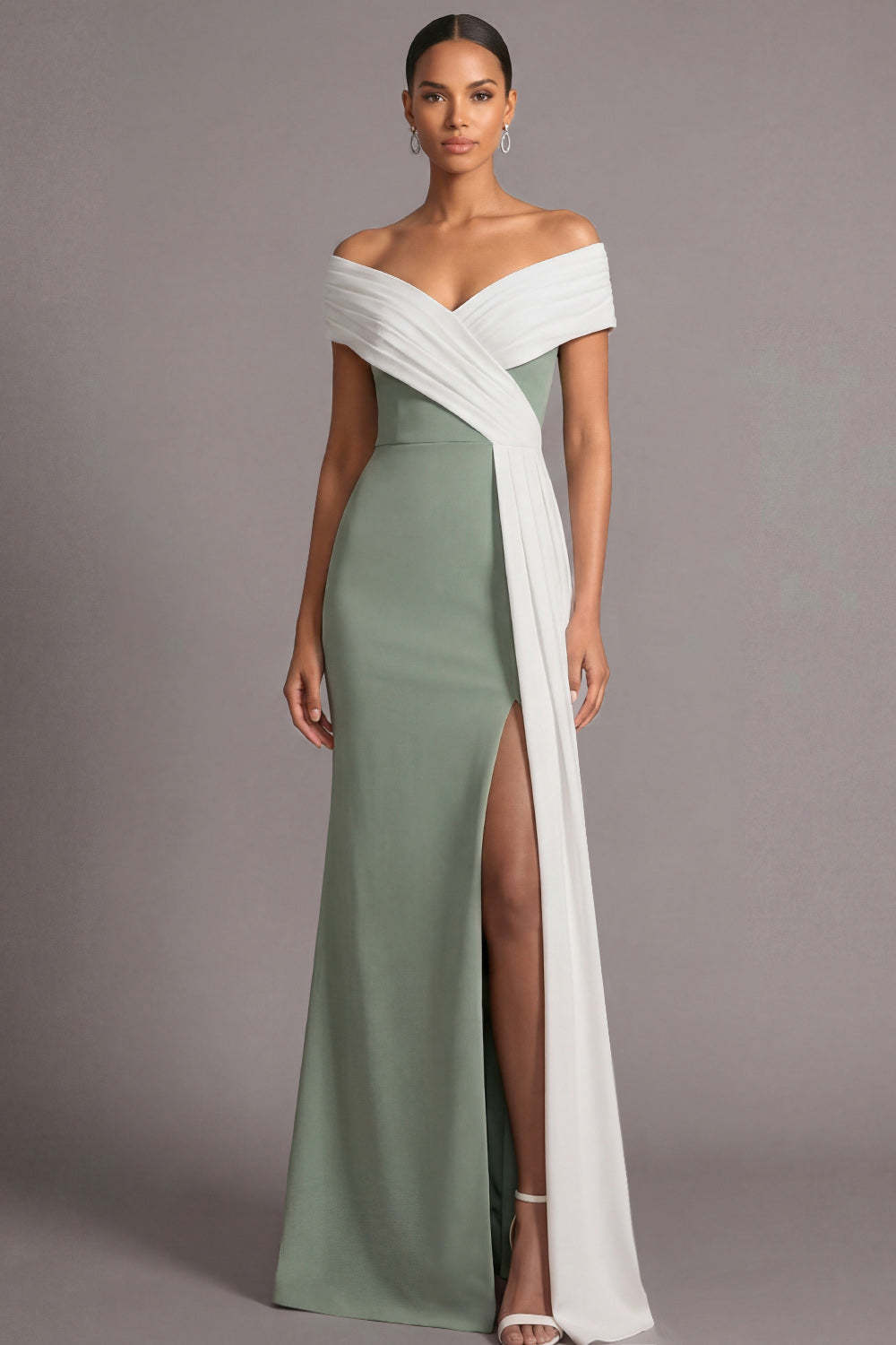 Leely Women Black and White Mermaid Long Formal Dress with Slit Off the Shoulder Cap Sleeves Evening Dress with Side Cape