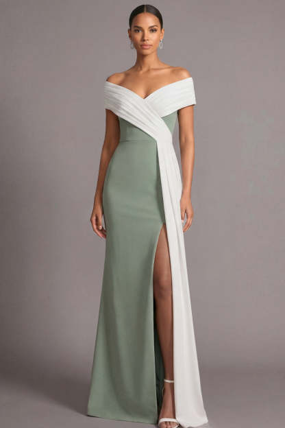 Leely Women Black and White Mermaid Long Formal Dress with Slit Off the Shoulder Cap Sleeves Evening Dress with Side Cape