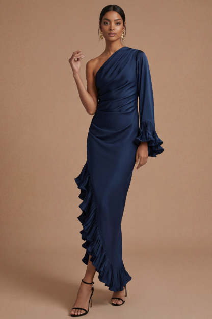 Navy Asymmetrical One Shoulder Sheath Ruffled Formal Dress
