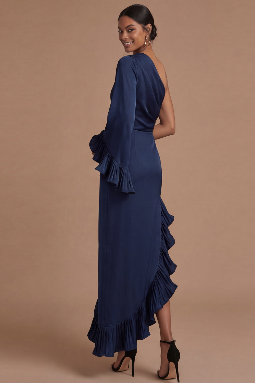 Navy Asymmetrical One Shoulder Sheath Ruffled Formal Dress