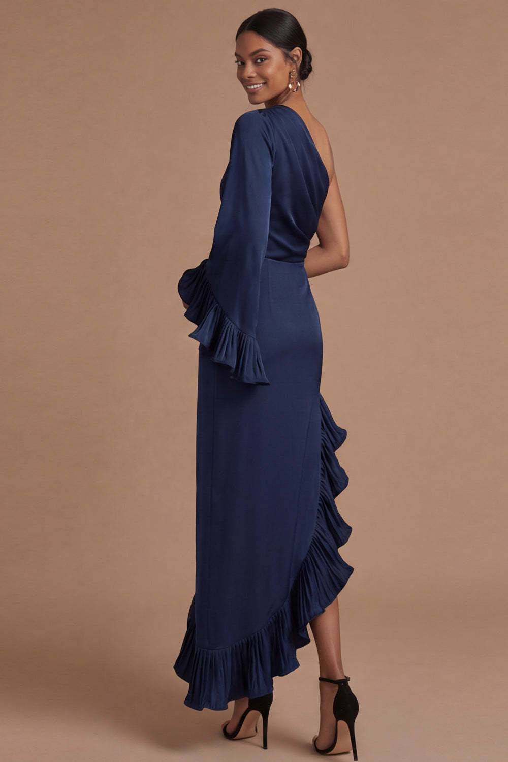 Navy Asymmetrical One Shoulder Sheath Ruffled Formal Dress