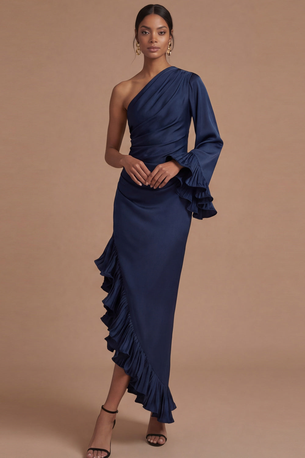 Navy Asymmetrical One Shoulder Sheath Ruffled Formal Dress
