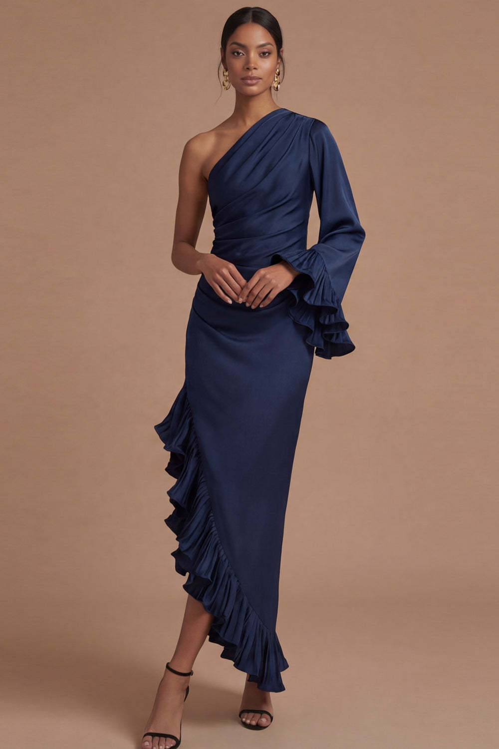 Navy Asymmetrical One Shoulder Sheath Ruffled Formal Dress