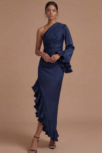 Navy Asymmetrical One Shoulder Sheath Ruffled Formal Dress