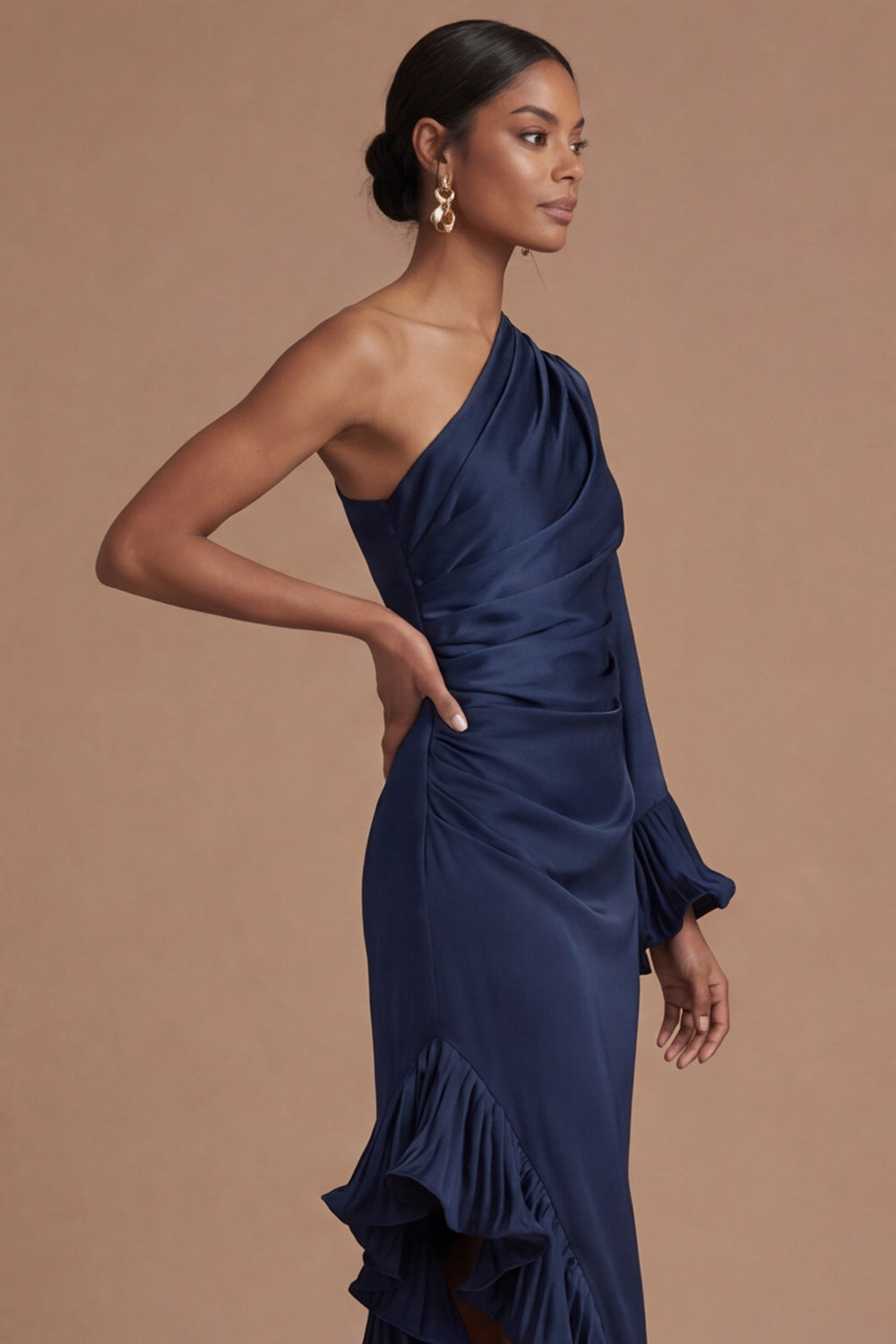 Navy Asymmetrical One Shoulder Sheath Ruffled Formal Dress