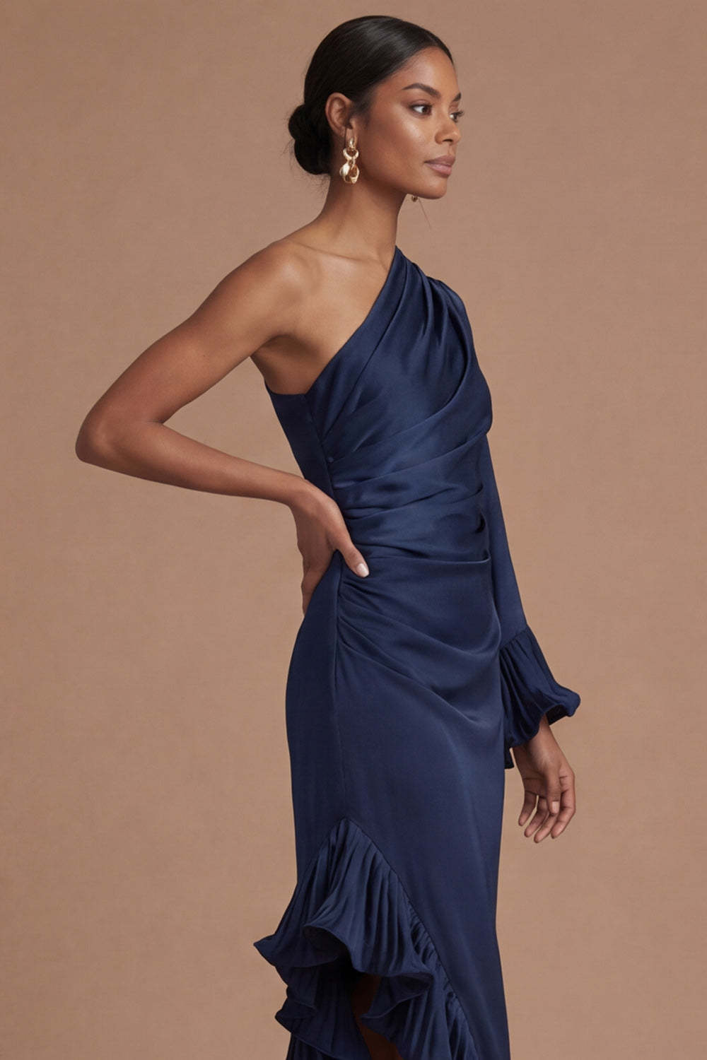 Navy Asymmetrical One Shoulder Sheath Ruffled Formal Dress