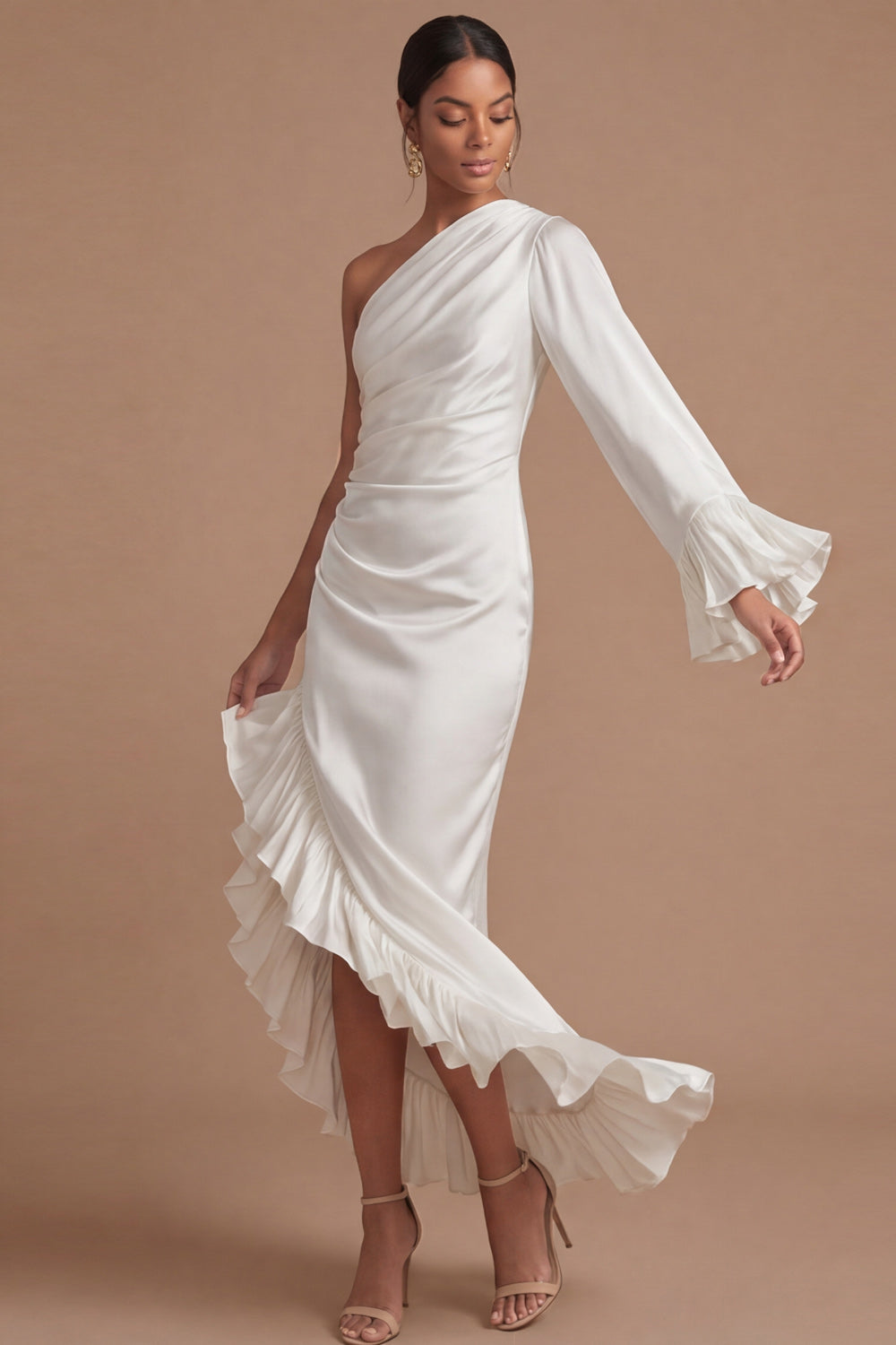 Navy Asymmetrical One Shoulder Sheath Ruffled Formal Dress