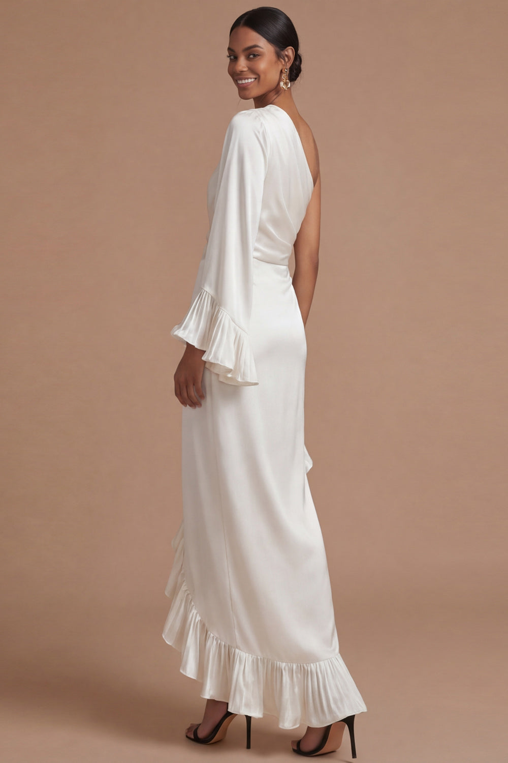 Navy Asymmetrical One Shoulder Sheath Ruffled Formal Dress