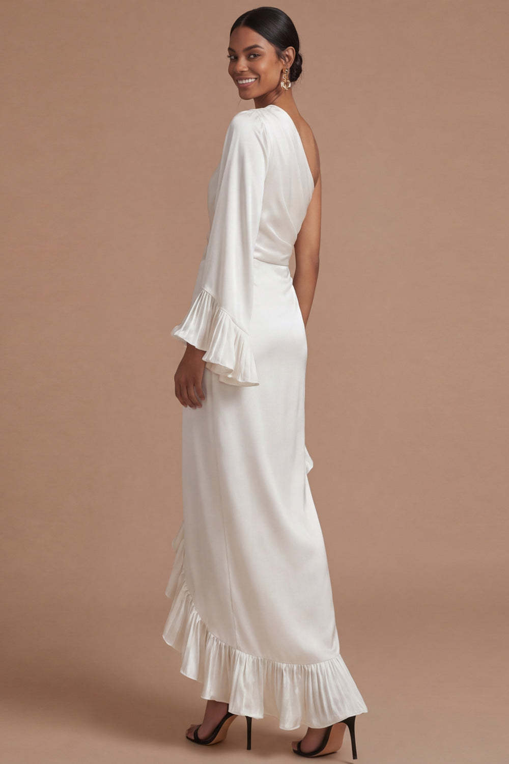 Navy Asymmetrical One Shoulder Sheath Ruffled Formal Dress