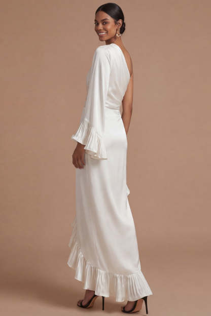 Navy Asymmetrical One Shoulder Sheath Ruffled Formal Dress