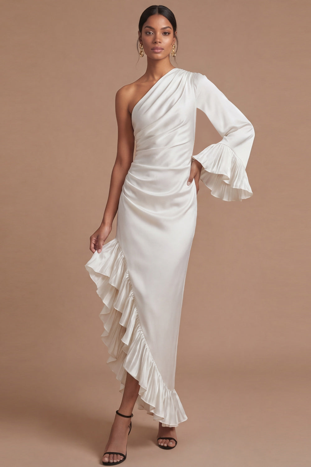 Navy Asymmetrical One Shoulder Sheath Ruffled Formal Dress