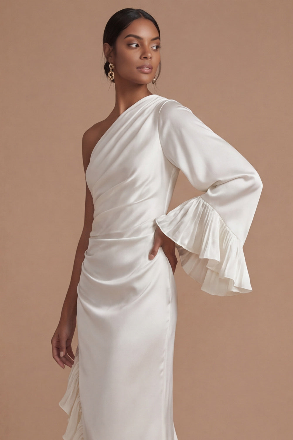 Navy Asymmetrical One Shoulder Sheath Ruffled Formal Dress