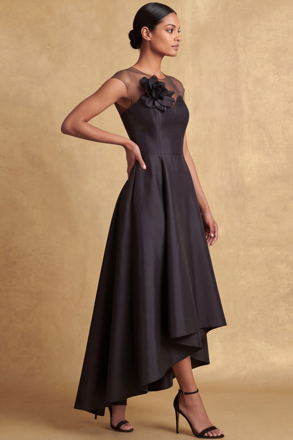 Black A Line Illusion Neck High Low Wedding Guest Dress with 3D Flower