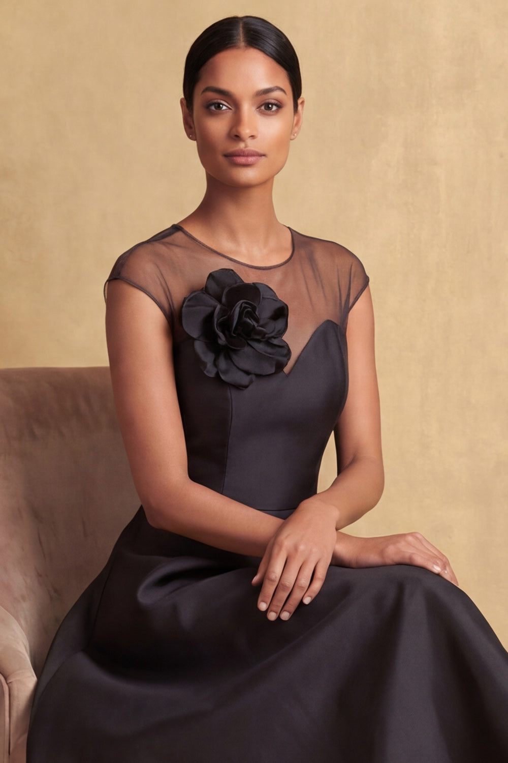 Black A Line Illusion Neck High Low Wedding Guest Dress with 3D Flower