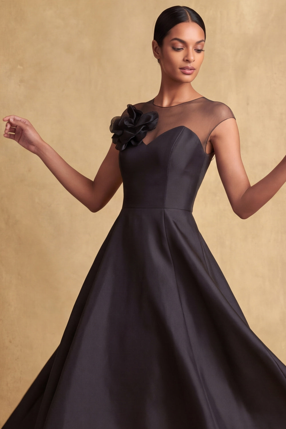 Black A Line Illusion Neck High Low Wedding Guest Dress with 3D Flower