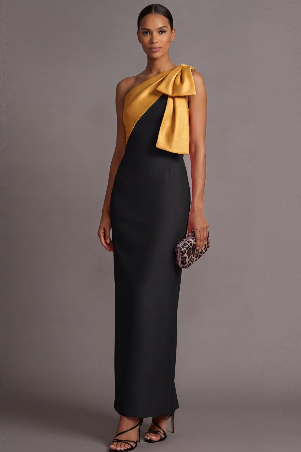 Black and Golden Sheath One Shoulder Long Wedding Guest Dress