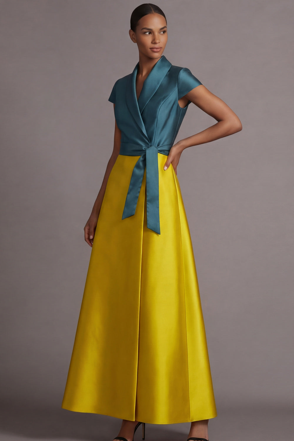 Leely Women Golden and Peacock Blue A Line Satin Long Wedding Guest Dress wirh Sash Shawl Neck Shirtgown Dress with Sleeves