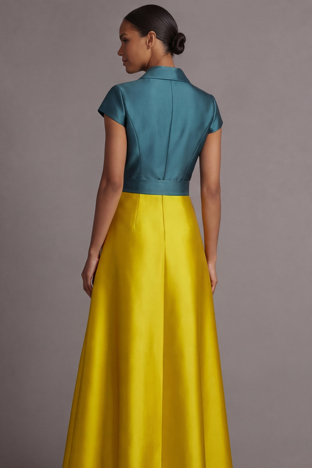 Golden and Peacock Blue A Line Satin Long Wedding Guest Dress