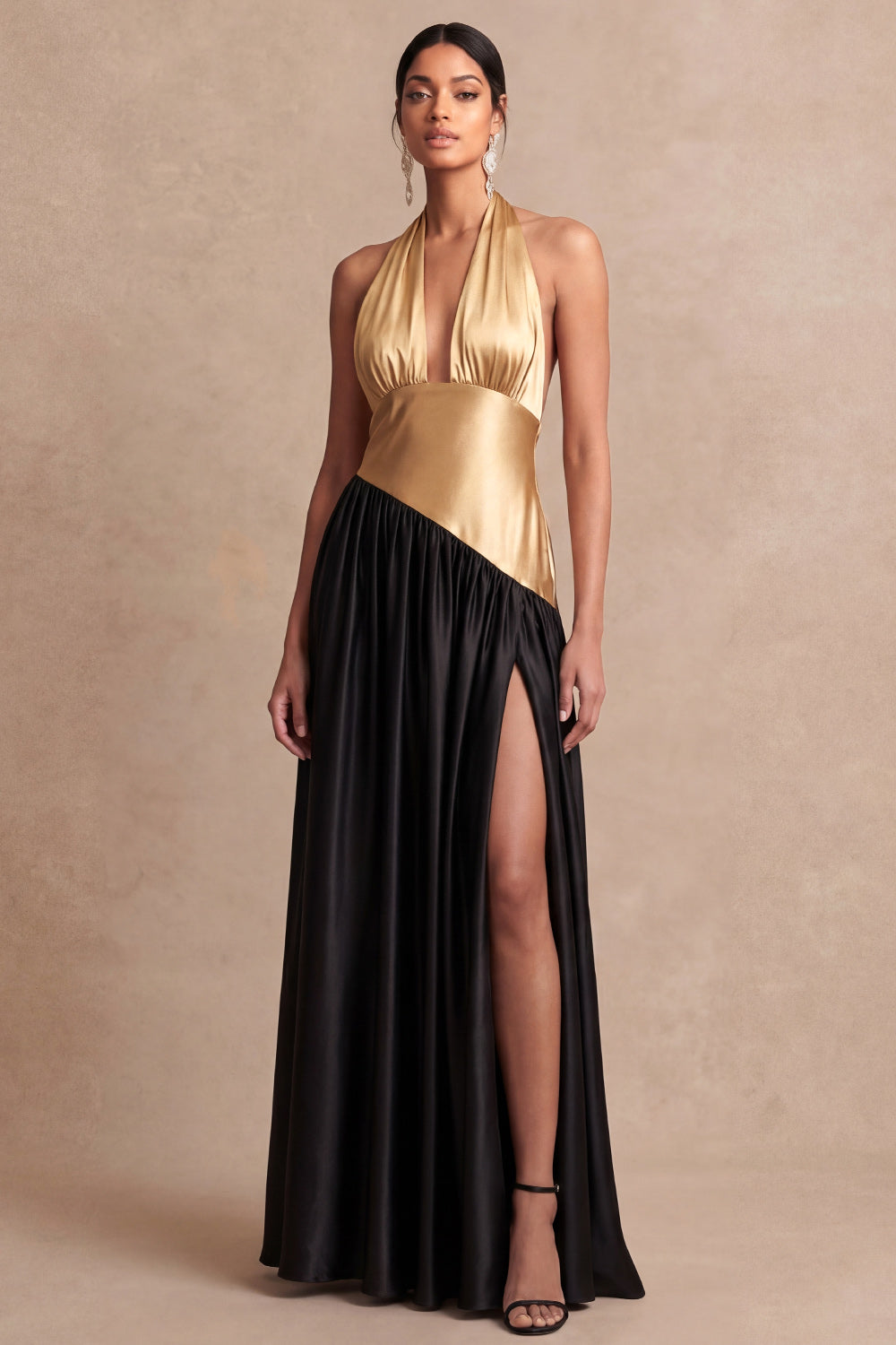 A Line Champagne and Black Long Wedding Guest Dress with Slit