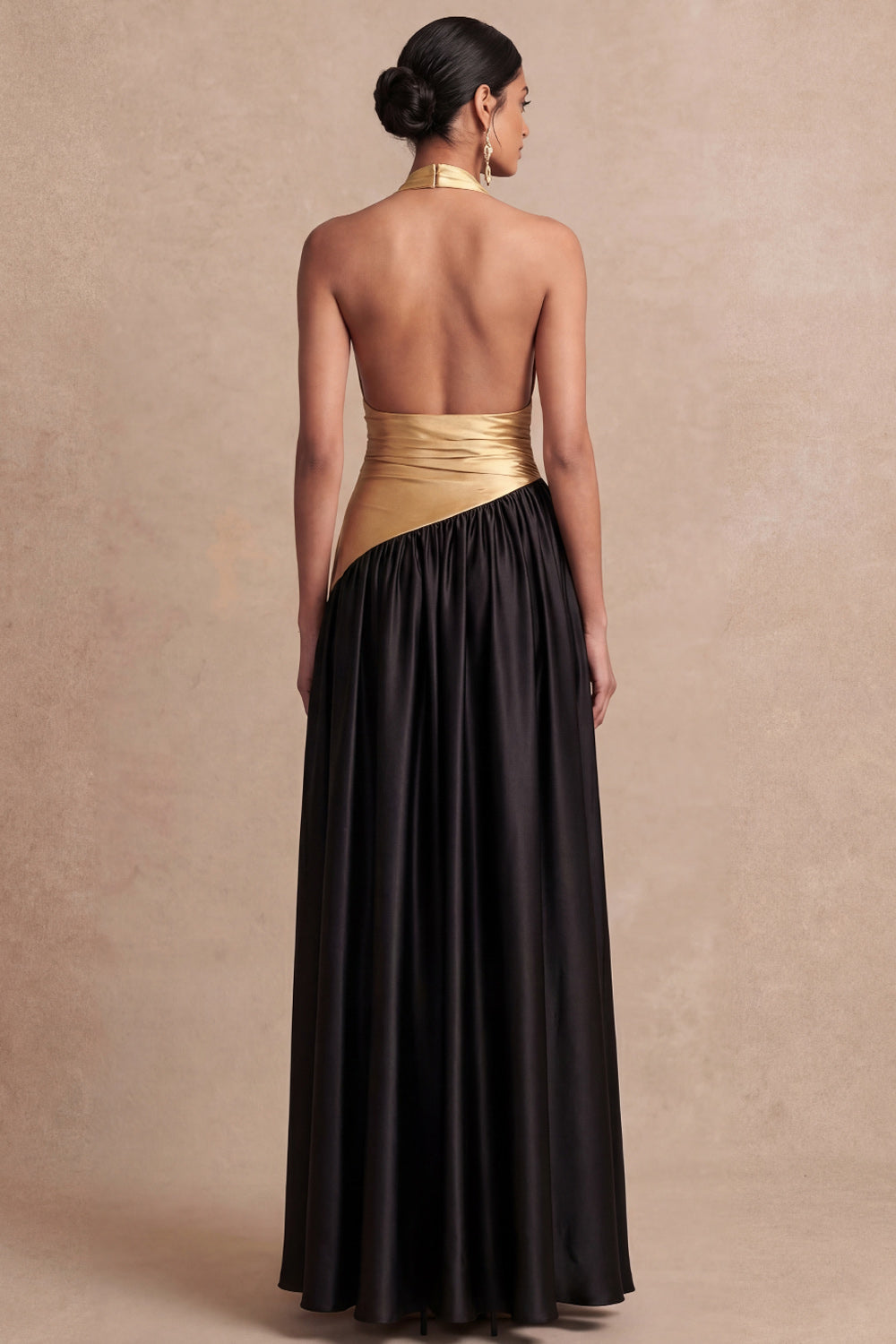 A Line Champagne and Black Long Wedding Guest Dress with Slit