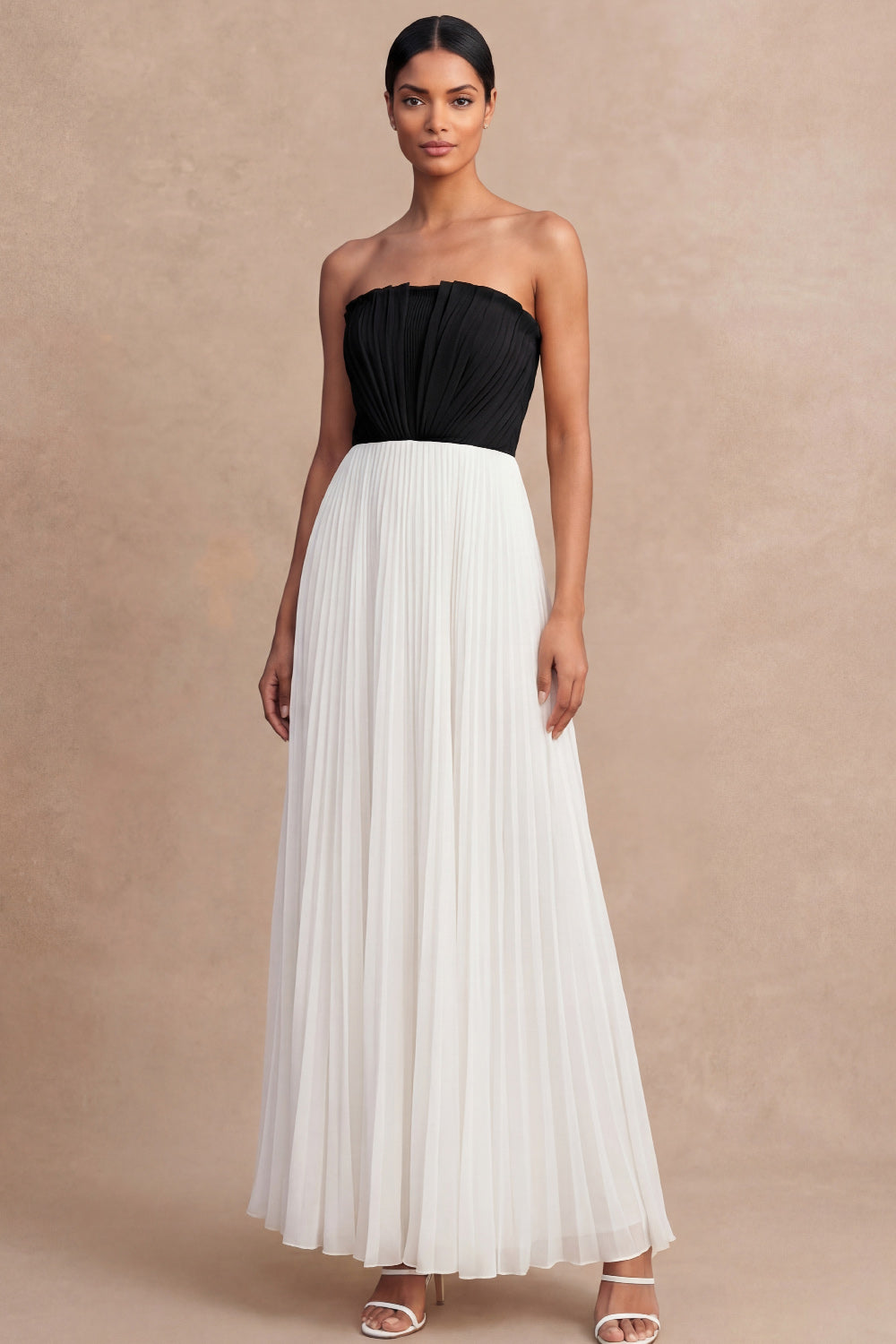 Black and White Pleated A Line Long Formal Dress