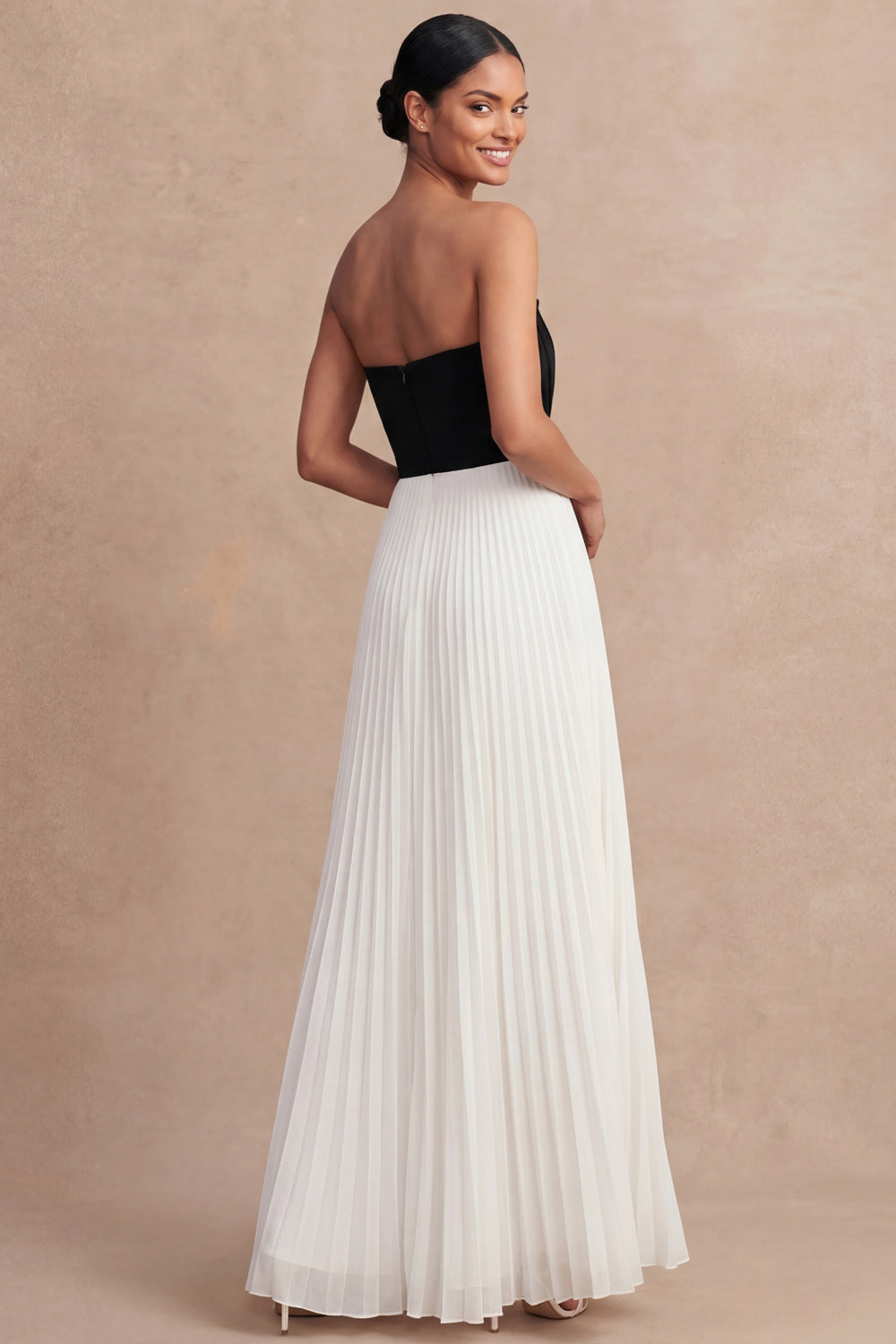 Black and White Pleated A Line Long Formal Dress