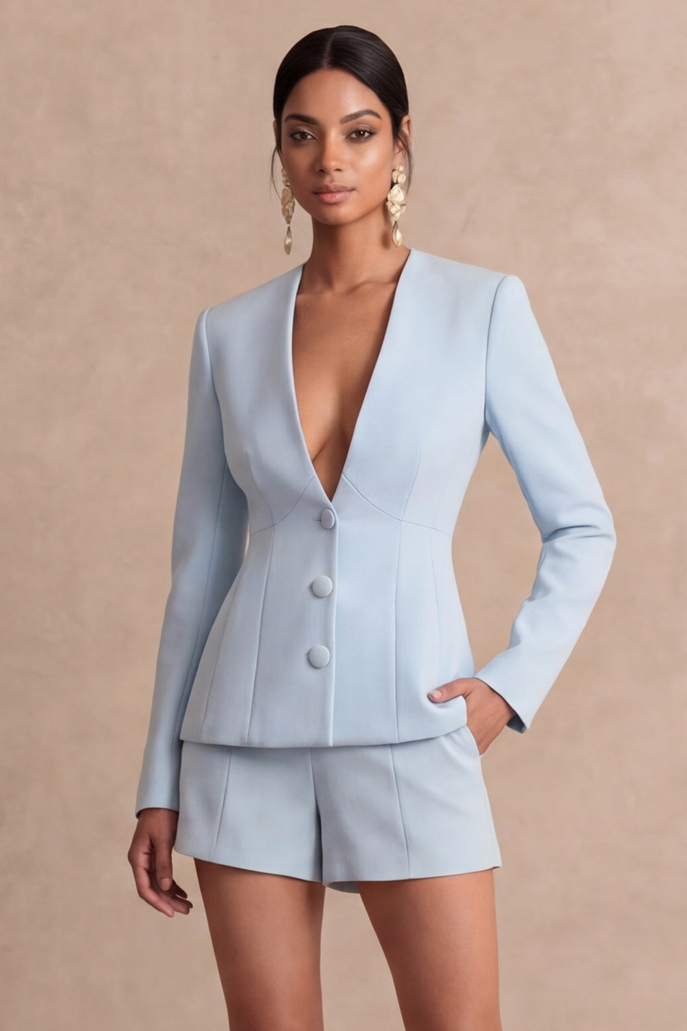 Leely Women Light Blue Long Sleeves 2 Piece Short Work Suits V Neck Breasted Formal Suits