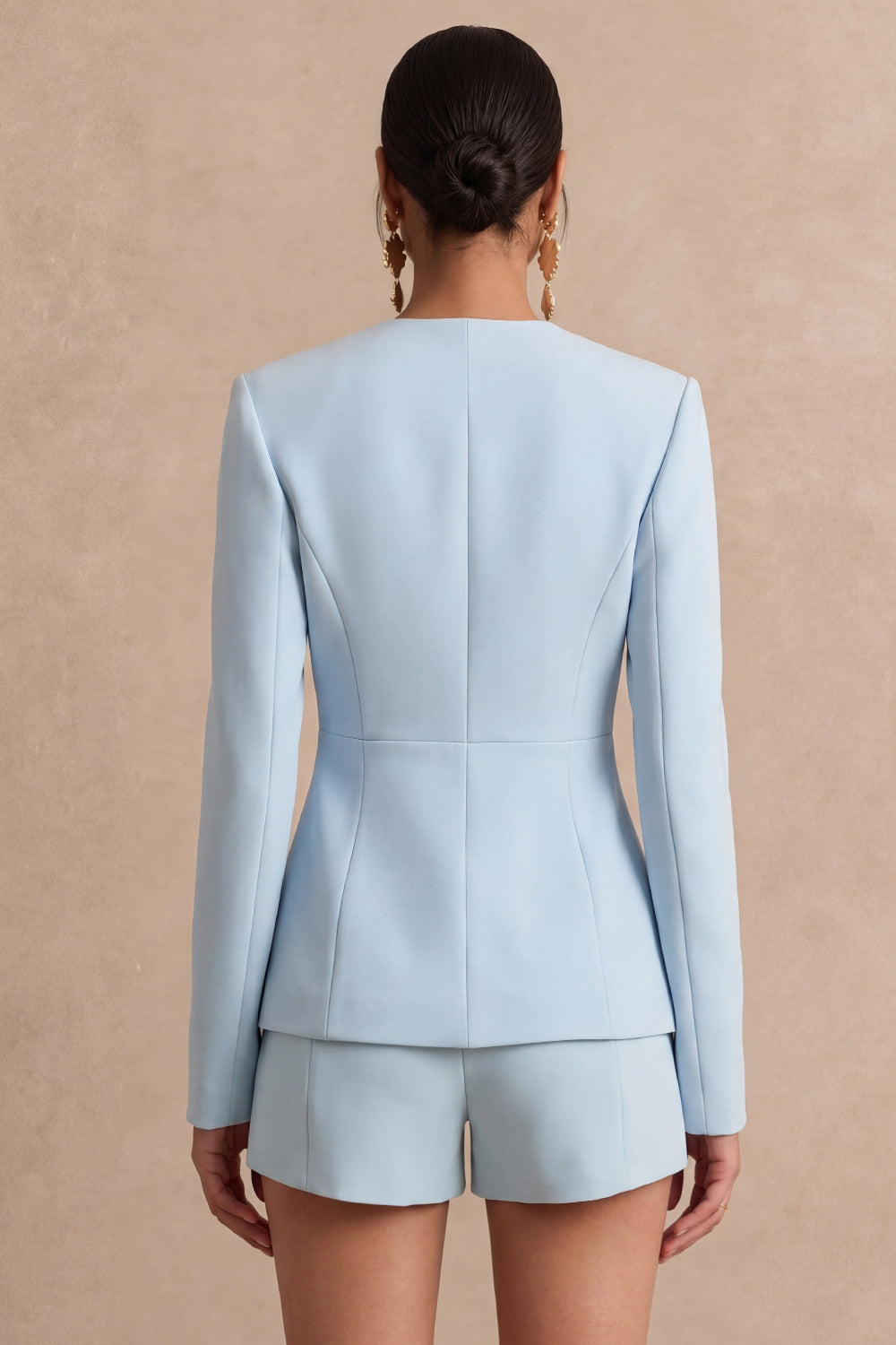 Light Blue Long Sleeves 2 Piece Short Work Suits