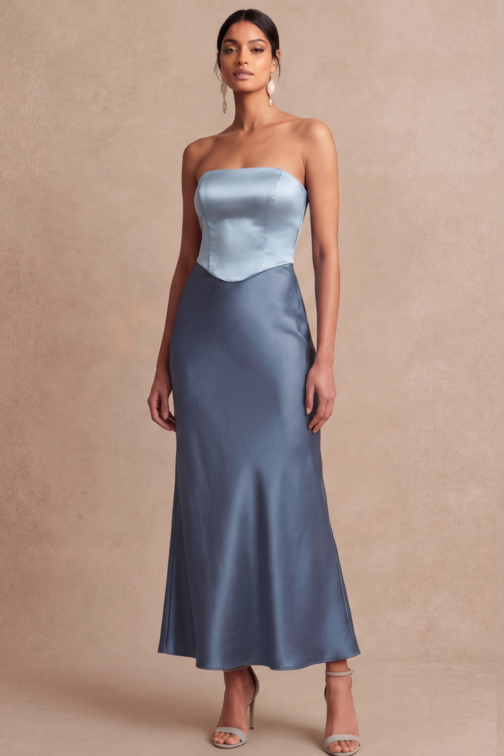 Leely Women Dusty Blue Midi Mermaid Formal Dress Strapless Basque Waist Satin Sleeveless Wedding Guest Dress