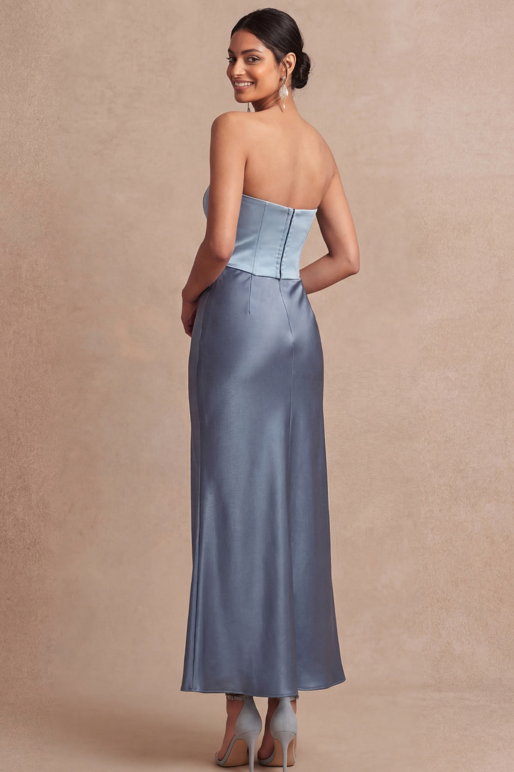 Dusty Blue Strapless Midi Mermaid Basque Waist Formal Dress