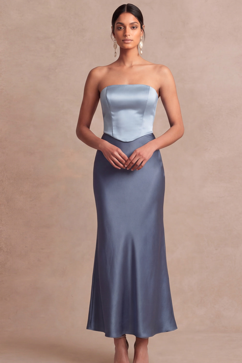 Dusty Blue Strapless Midi Mermaid Basque Waist Formal Dress