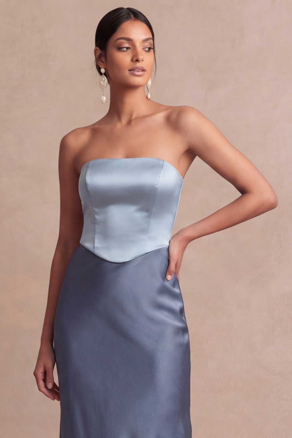 Dusty Blue Strapless Midi Mermaid Basque Waist Formal Dress