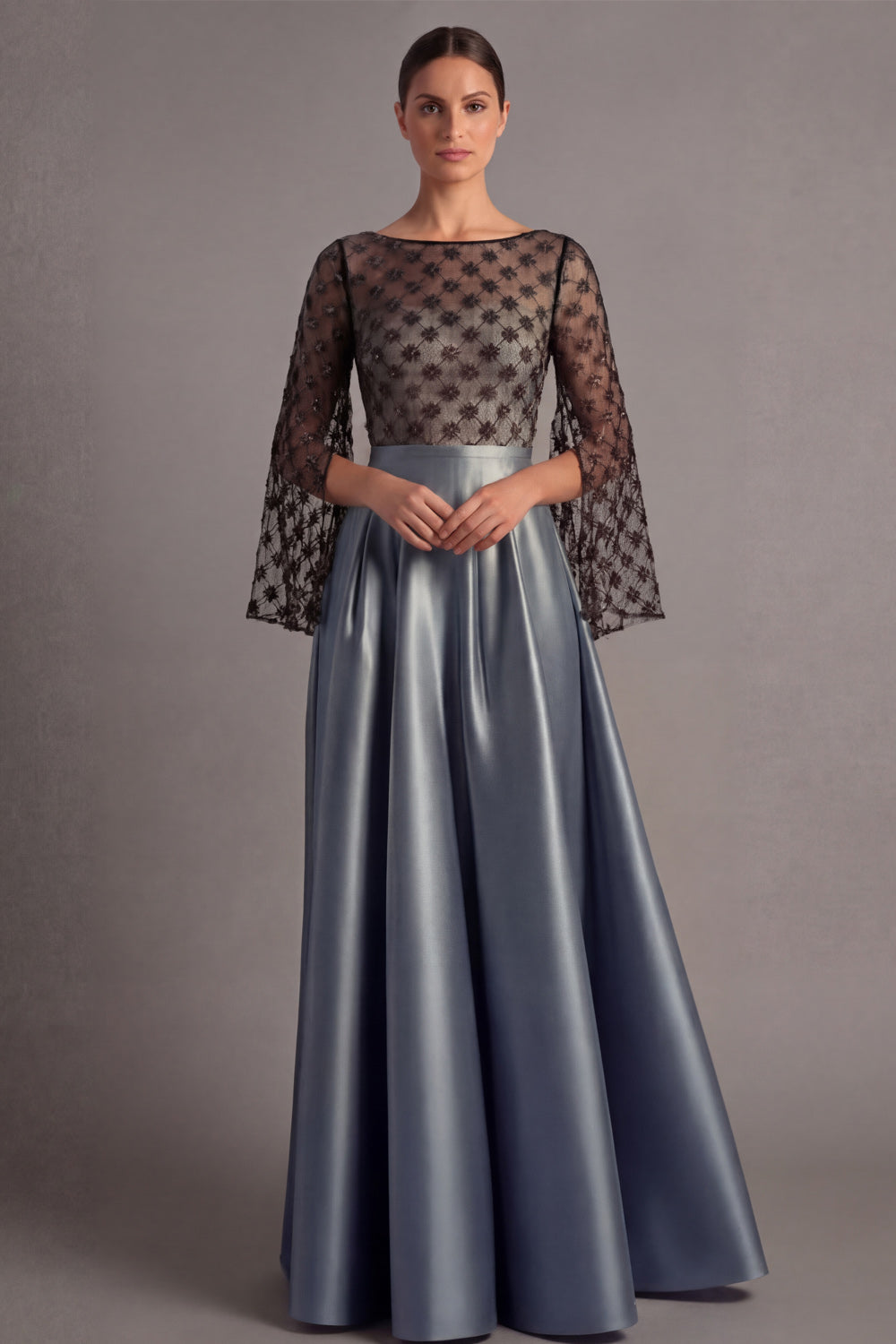 Dusty Blue A Line Illusion Neck Maxi Formal Dress with Sleeves