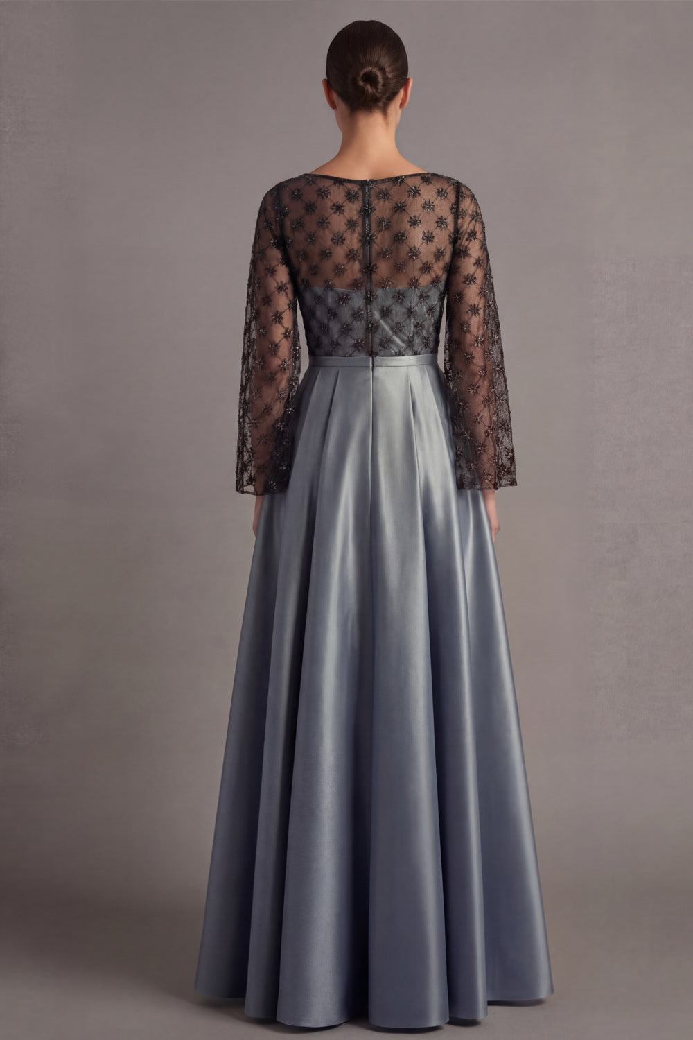 Dusty Blue A Line Illusion Neck Maxi Formal Dress with Sleeves