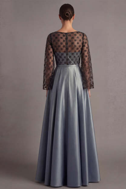 Dusty Blue A Line Illusion Neck Maxi Formal Dress with Sleeves
