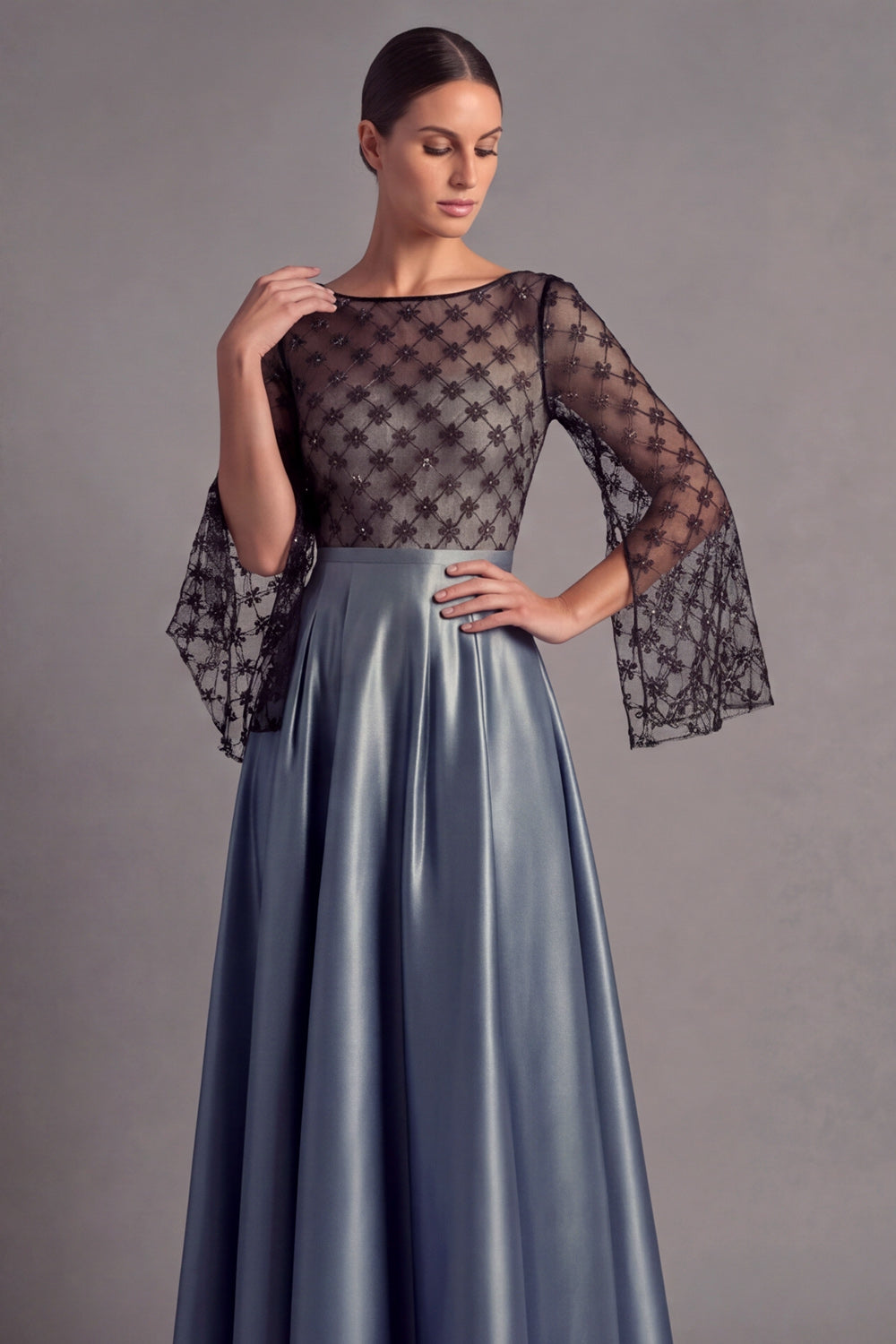 Dusty Blue A Line Illusion Neck Maxi Formal Dress with Sleeves
