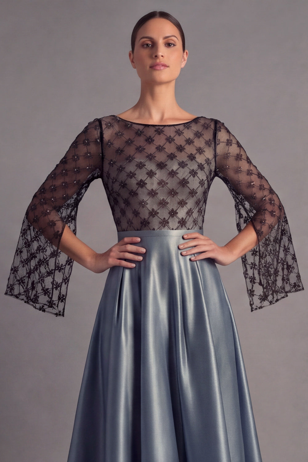 Dusty Blue A Line Illusion Neck Maxi Formal Dress with Sleeves