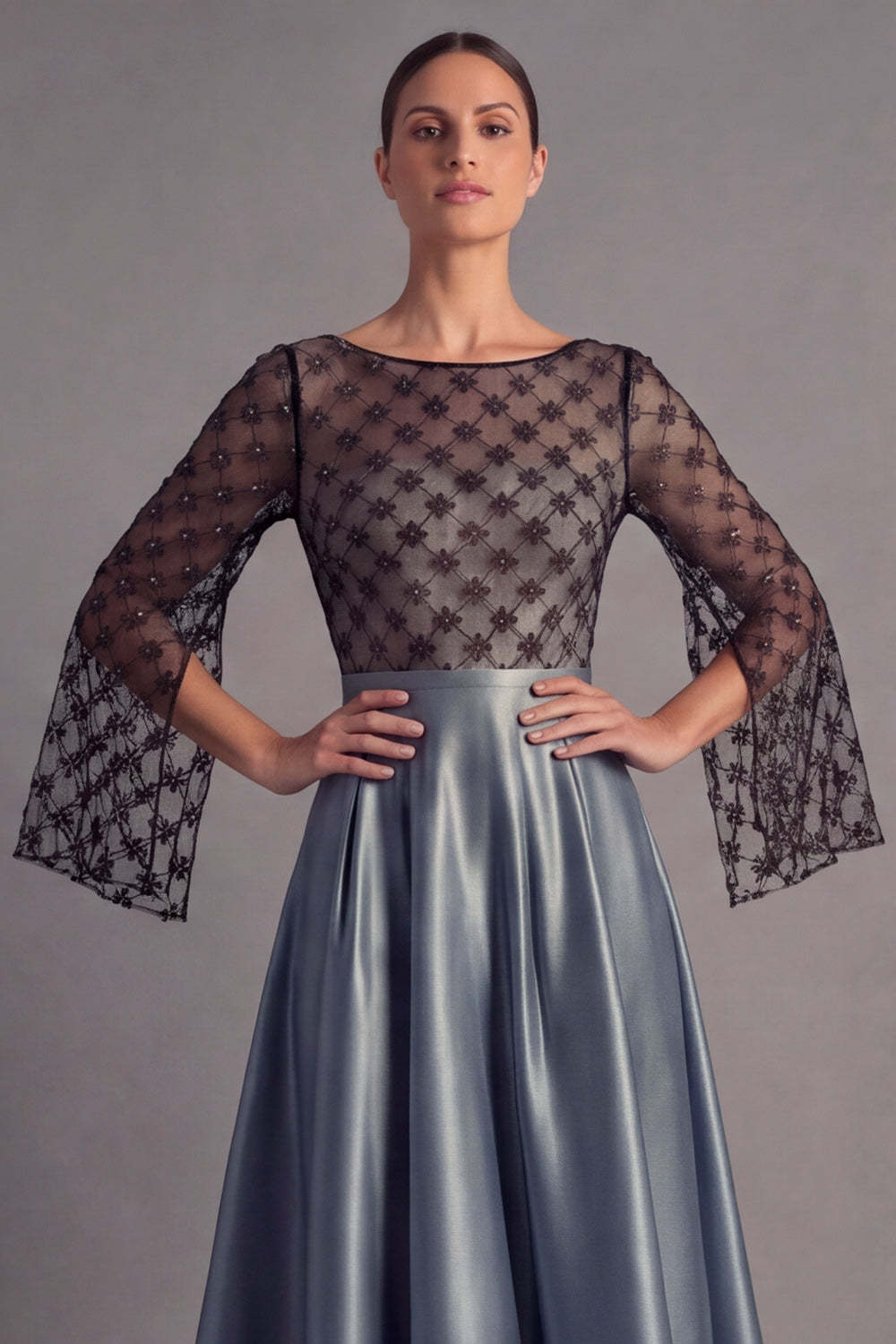 Dusty Blue A Line Illusion Neck Maxi Formal Dress with Sleeves