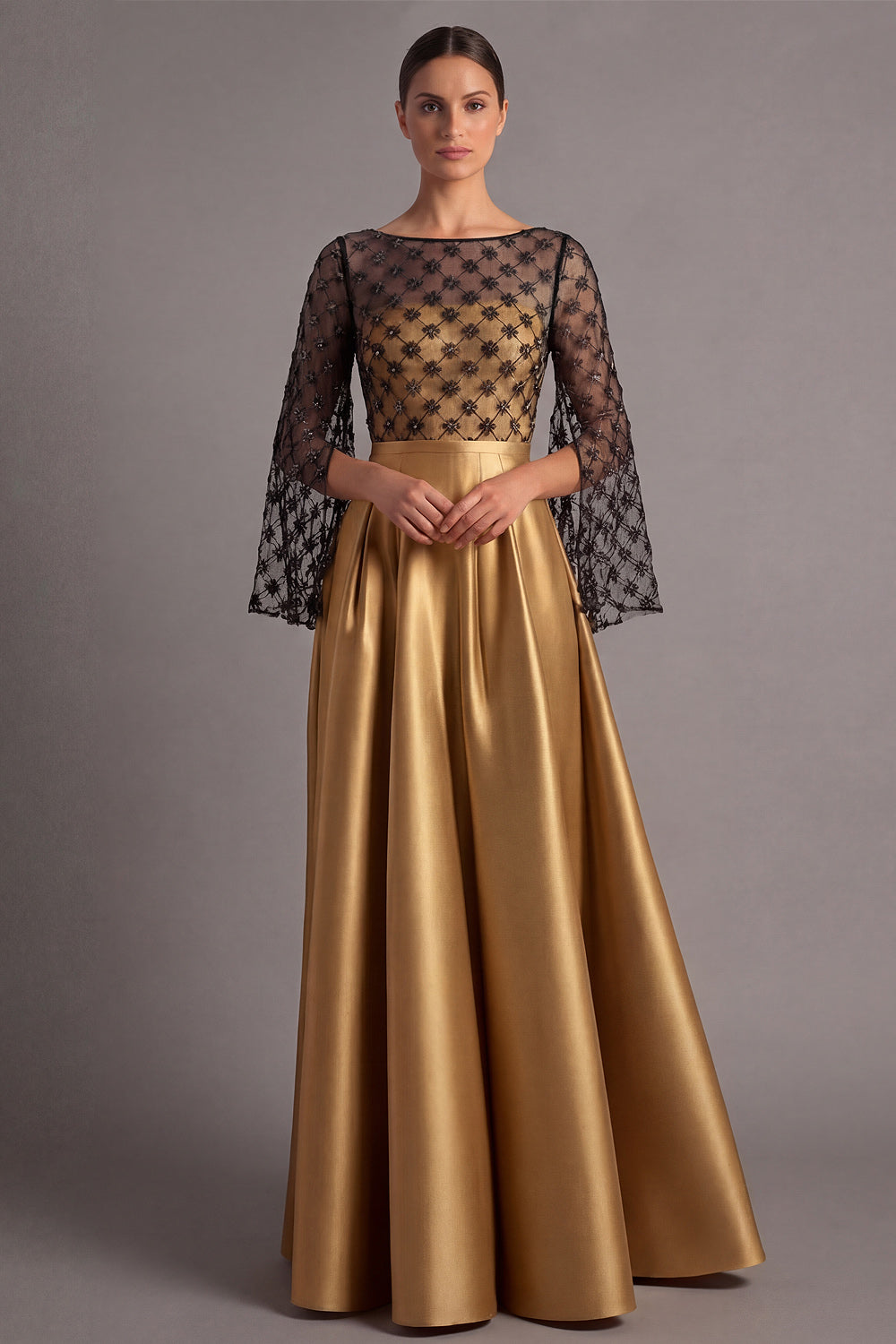 Leely Women Dusty Blue A Line Satin Long Formal Dress with Sleeves Illusion Neck Black Tie Dress