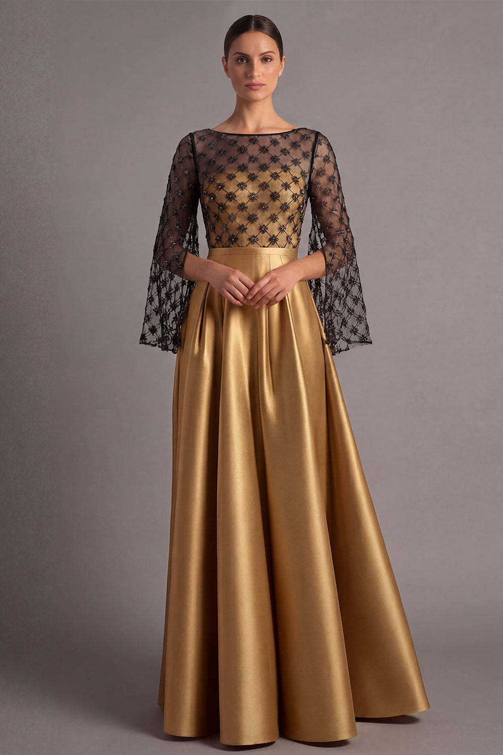 Leely Women Dusty Blue A Line Satin Long Formal Dress with Sleeves Illusion Neck Black Tie Dress