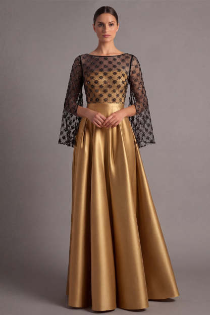 Leely Women Dusty Blue A Line Satin Long Formal Dress with Sleeves Illusion Neck Black Tie Dress