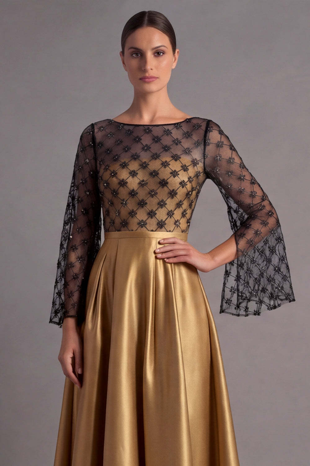 Dusty Blue A Line Illusion Neck Maxi Formal Dress with Sleeves