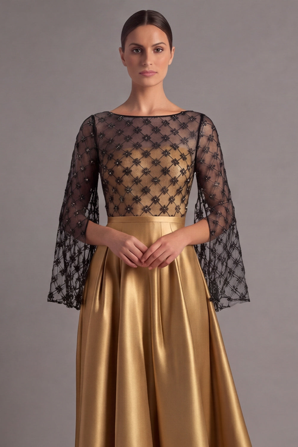 Dusty Blue A Line Illusion Neck Maxi Formal Dress with Sleeves