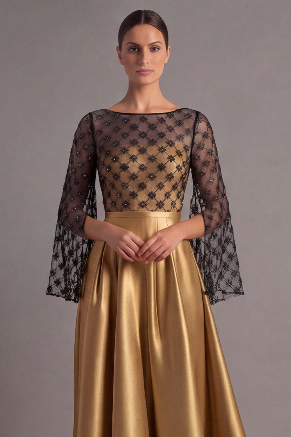 Dusty Blue A Line Illusion Neck Maxi Formal Dress with Sleeves