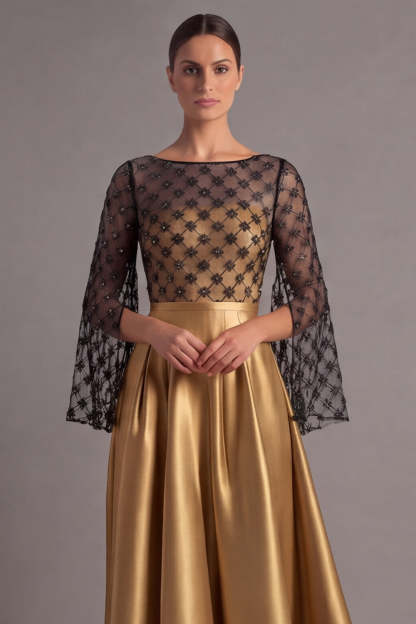 Dusty Blue A Line Illusion Neck Maxi Formal Dress with Sleeves