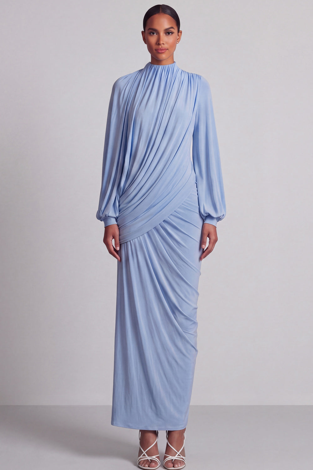 Modest Blue Sheath Ruched Maxi Formal Dress with Sleeves