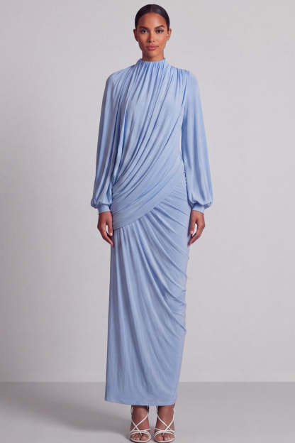 Leely Women Modest Blue Sheath Long Formal Dress High Neck Ruched Wedding Guest Dress