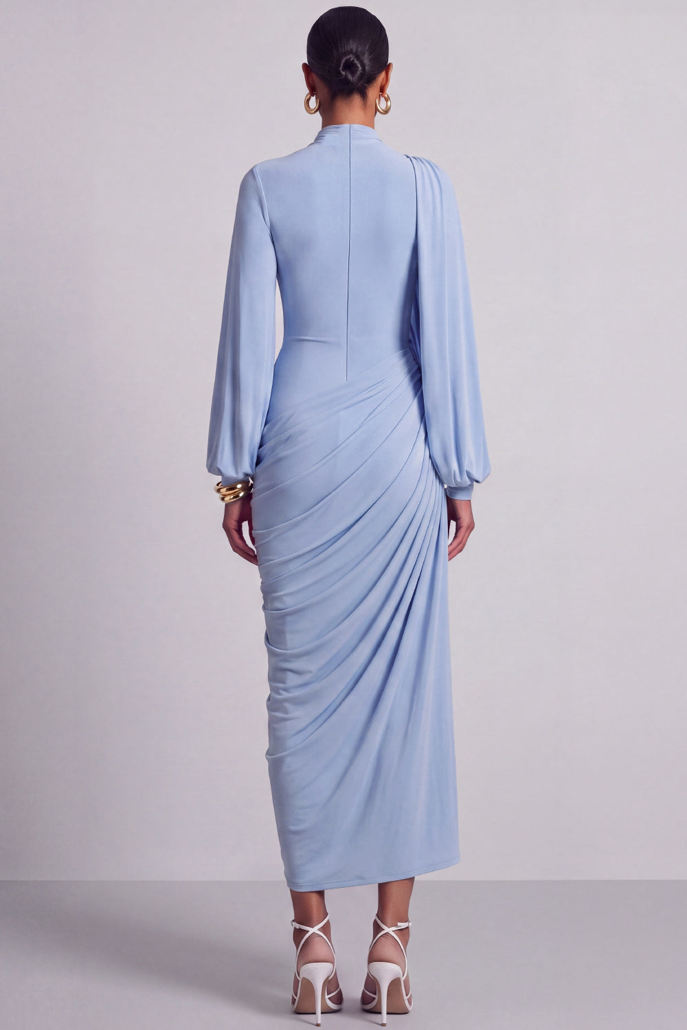 Modest Blue Sheath Ruched Maxi Formal Dress with Sleeves