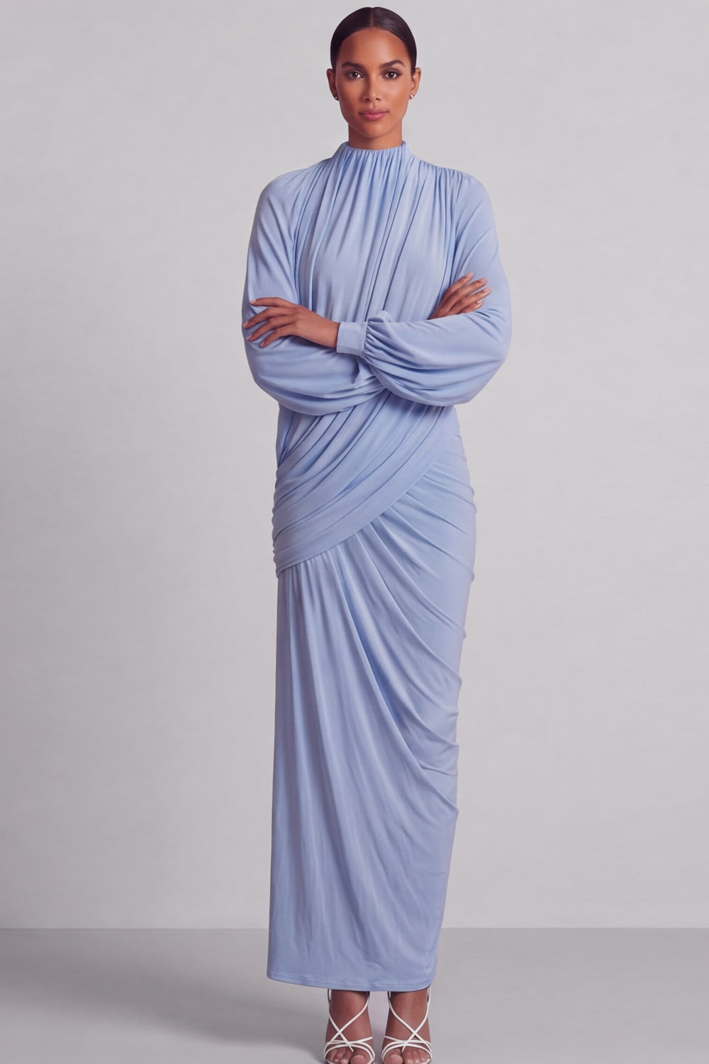 Modest Blue Sheath Ruched Maxi Formal Dress with Sleeves