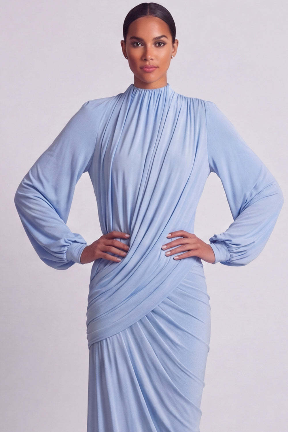 Modest Blue Sheath Ruched Maxi Formal Dress with Sleeves